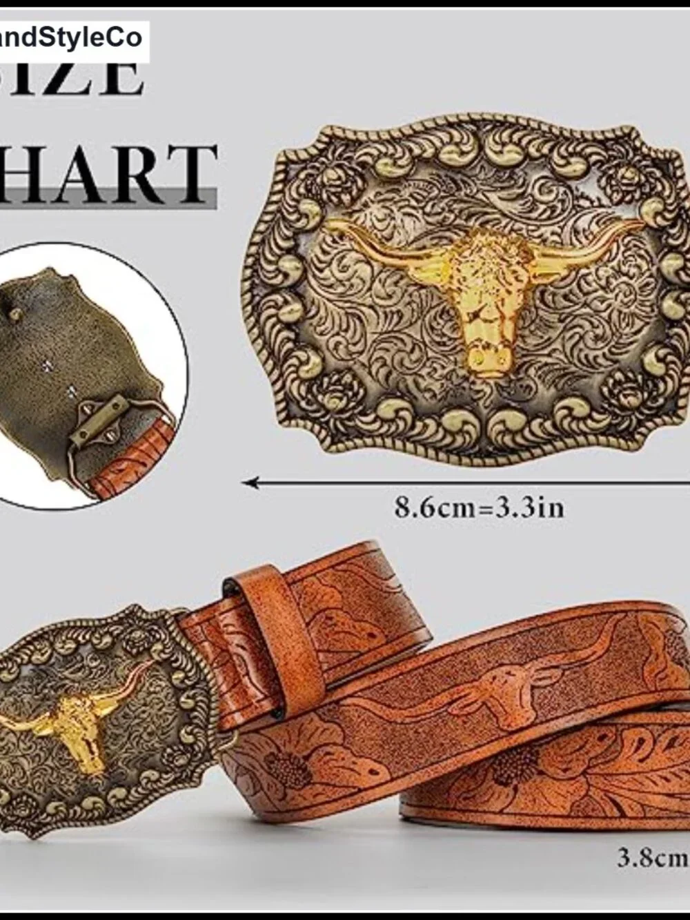 Western PU-Leather Cowboy Buckle Belt with Floral Engraved Longhorn Bull Buckle